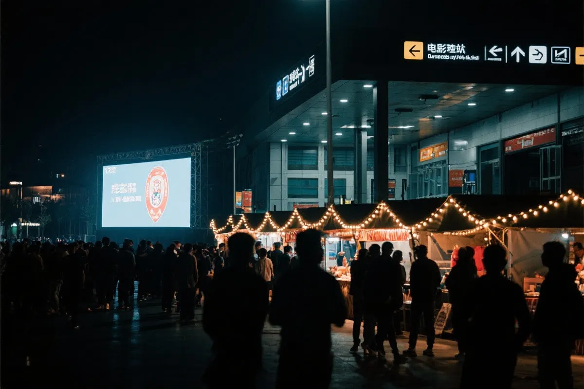 费城球迷广场夜景：大屏观赛人群、步行指示牌与公共交通入口
